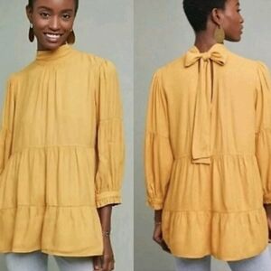 Maeve Golden Yellow Tiered Blouse with Bow